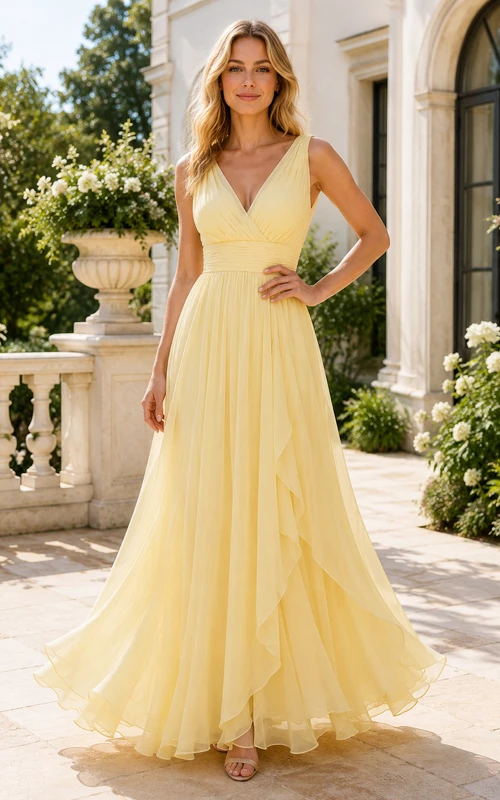 Robe de soirée en tulle couleur jonquille, coupe trapèze, col V, sans manches, longueur au sol