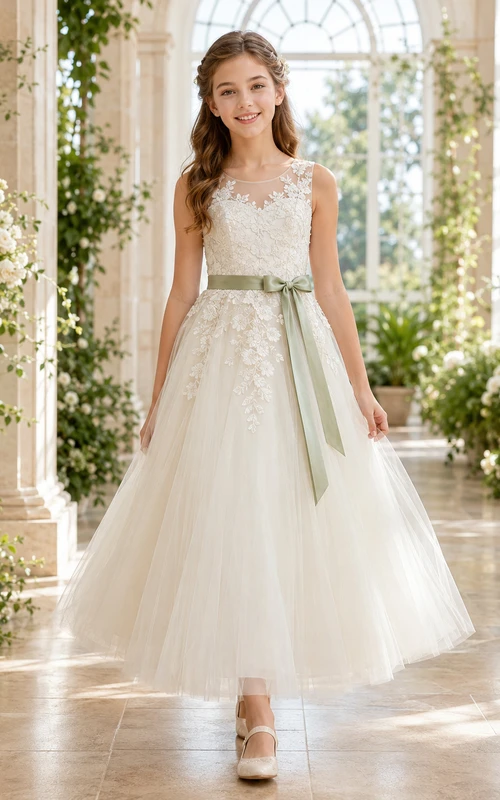 Robe de demoiselle d'honneur en dentelle champagne et tulle, coupe trapèze, col rond, longueur midi, ornée d'appliqués floraux et d'une ceinture.
