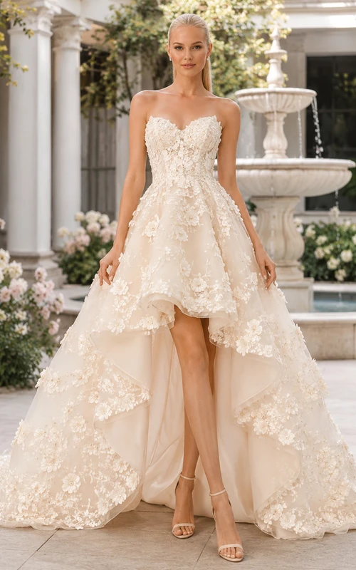 Vestido de novia asimétrico sin tirantes con apliques florales y corte en el patio.