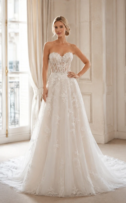 Robe de mariée Gallery Bridal impeccable en dentelle et tulle, bustier cœur, sans manches, coupe trapèze, traîne chapelle, ornée d'appliqués floraux.