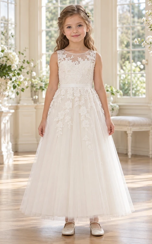 Ivory Floral Illusion Jewel Sleeveless Ankle-length A-Line Gathered Tulle Satin Sash Button Flowergirl Dress