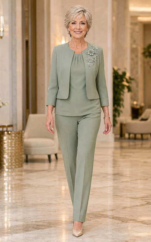 Eleganter Hosenanzug von Petite Sage mit Rundhalsausschnitt, Dreiviertelärmeln, floraler Applikation und kurzem Oberteil, schmal zulaufendem Beinabschluss
