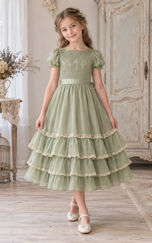 Teelanges, schlichtes salbeifarbenes A-Linien-Kleid mit Puffärmeln, gerafftem Stufenrock und Spitzensaum für Blumenmädchen