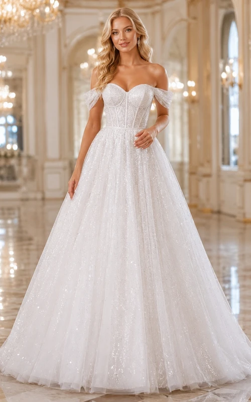 Robe de bal longue en tulle blanc scintillant, sans bretelles, coupe trapèze, décolleté cœur, sans bretelles.
