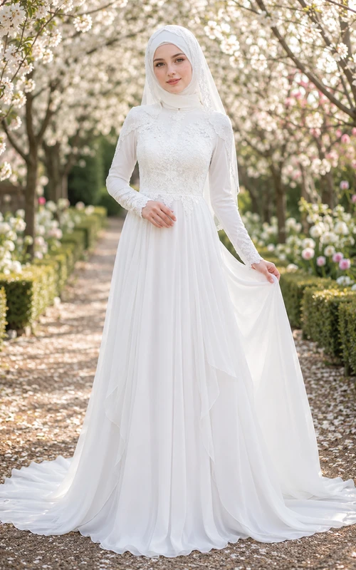 Vestido de novia musulmán modesto de gasa y encaje con corte en A y cola de jardín.