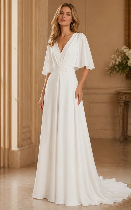Mono de novia minimalista de gasa blanca con escote en V y mangas con volantes.