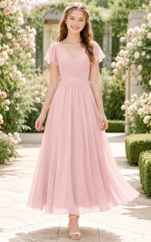 Romantisches, rosafarbenes Brautjungfernkleid für junge Frauen, A-Linie, V-Ausschnitt, kurze Ärmel, Teelänge, Chiffon