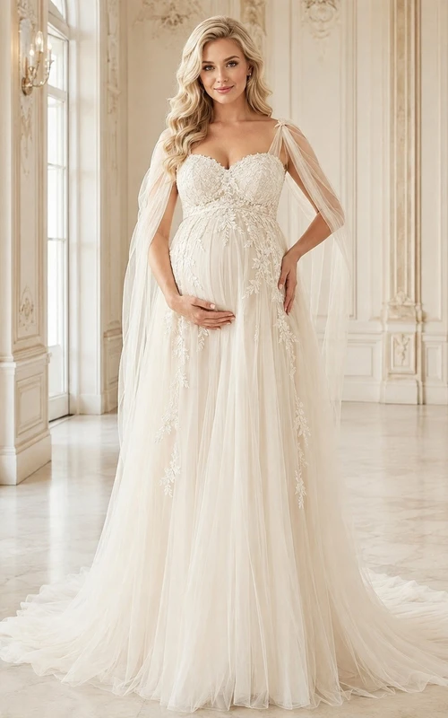 Vestido de novia premamá romántico de corte A con mangas tipo capa y encaje y tul