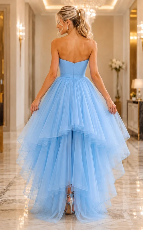 Sky Blue Tulle Sweetheart Strapped Sleeveless Tiered High-Low Dress