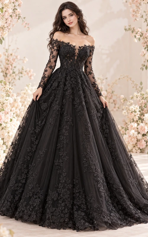 Black Long Sleeve Off Shoulder Floral Lace Wedding Dress