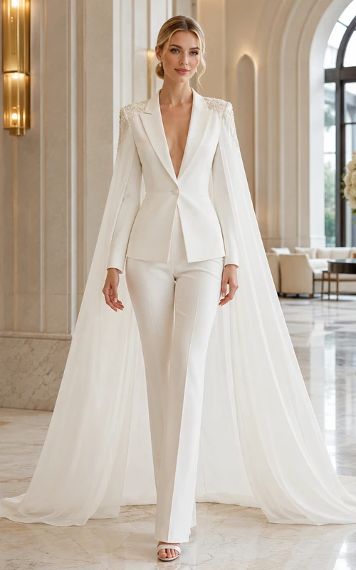 Minimalist Satin Chiffon Wedding Jumpsuit V-Neck Long Sleeve Sweep Train