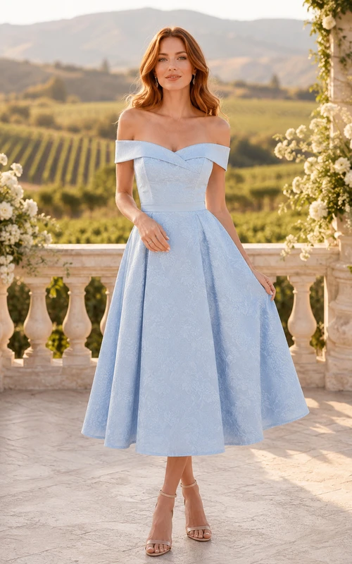 Sky Blue Off-the-Shoulder Satin Tea-Length A-Line Dress