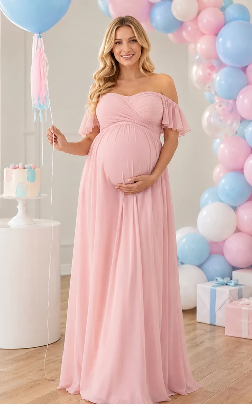Vestido de fiesta largo de gasa rosa rubor para revelar el sexo del bebé, con escote corazón y hombros descubiertos.