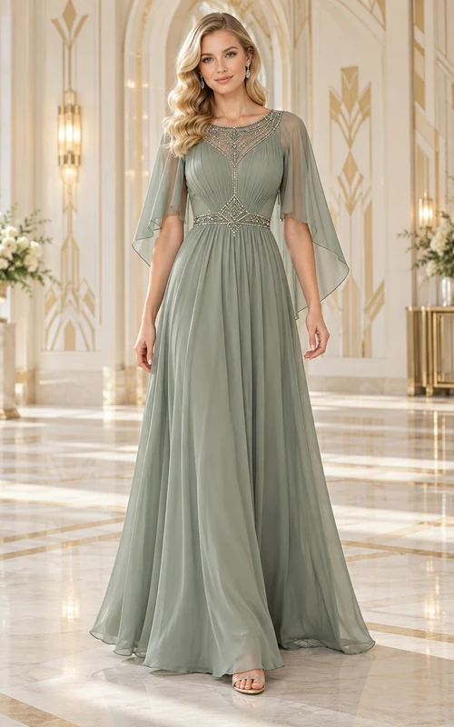 Vestido largo de dama de honor vintage color verde salvia, corte en A, cuello joya, gasa, mangas tipo capa, con cuentas y fruncido.