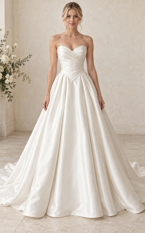 Vestido de novia sencillo sin tirantes, escote corazón, cintura vasca, satén drapeado y cola capilla.