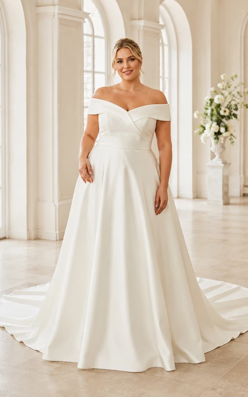 Robe de mariée minimaliste en satin, robe de bal à épaules dénudées et traîne.