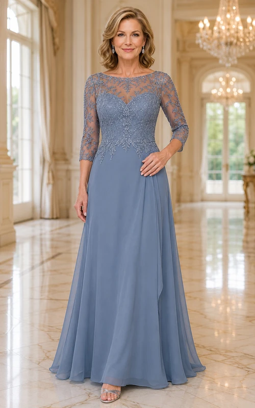 Stahlblaues Chiffon-Mutterkleid mit Spitzenoberteil und Dreiviertelärmeln