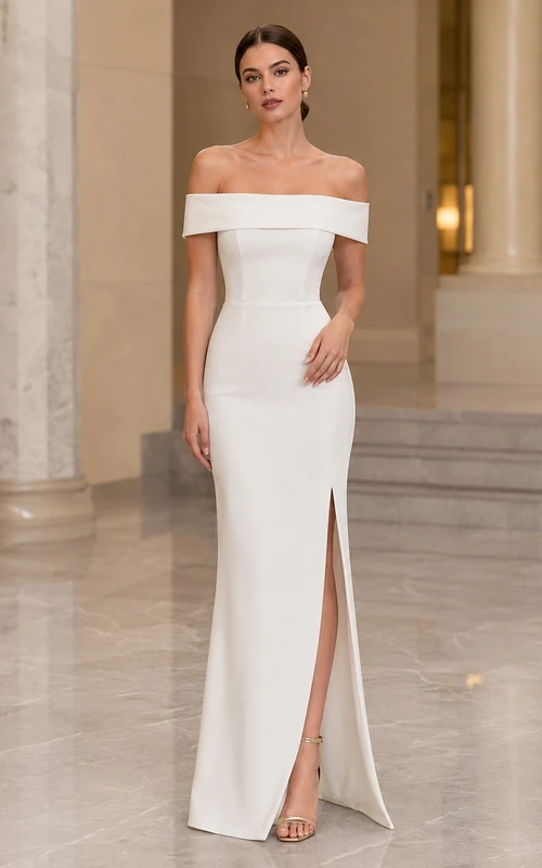 Off-the-Shoulder Satin Sheath Split Formal Wedding Dress