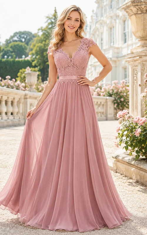 Romantisches, bodenlanges Chiffonkleid in Altrosa mit V-Ausschnitt und Spitze in A-Linie