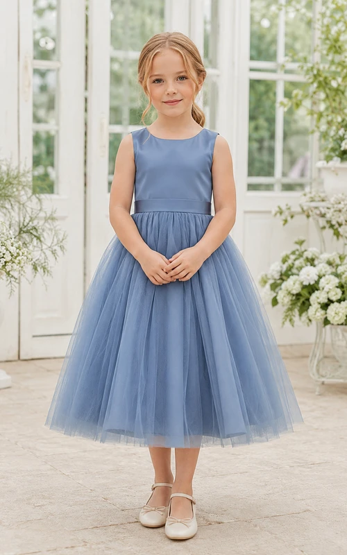 Flower Girl Dress Steel Blue Tulle A-Line Jewel Neck Tea Length Bow Back