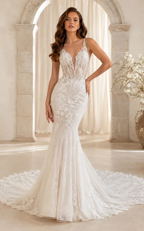 Robe de mariée sirène sans manches en dentelle, décolleté en V profond, traîne cathédrale et applications florales, coupe sculpturale. Idéale pour la réception.