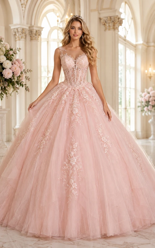 Palace Bloom Blush Ballkleid, bodenlang, V-Ausschnitt, ärmellos, luxuriöses Tüll-Abendkleid