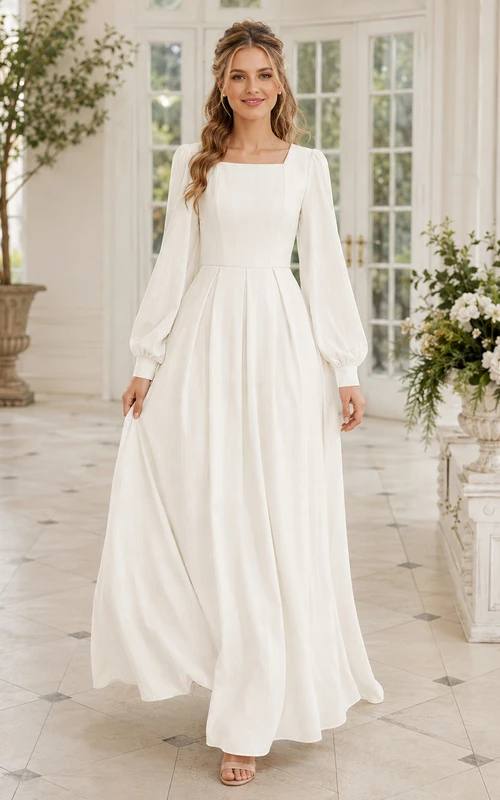 Vestido de novia modesto y romántico de corte A, largo hasta el suelo, de gasa, estilo SUD, con mangas largas y estilo abullonado.