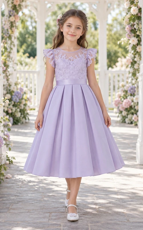 Vestido de niña de flores modesto de corte A con estampado floral lavanda y mangas con volantes, de satén, hasta la rodilla.
