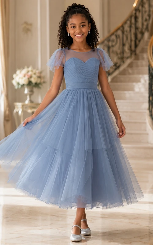 Stahlblaues Brautjungfernkleid für junge Damen, A-Linie, herzförmiger Schnitt, kurze Ärmel, Tüllrock