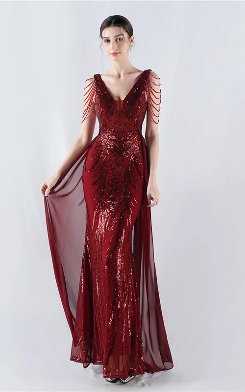 Fixed Flower Sequins With Cape Craft Beading High-End Evening Dress Annual Meeting Host