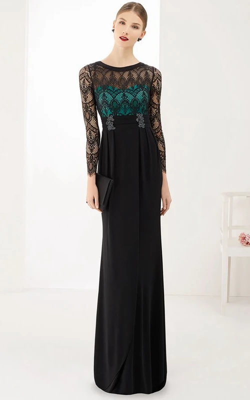 Robe de bal longue fourreau en mousseline de soie à manches longues et col rond, avec haut en dentelle