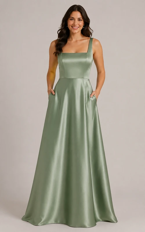 Vestido de dama de honor de satén con escote cuadrado y corte en A, color verde salvia.