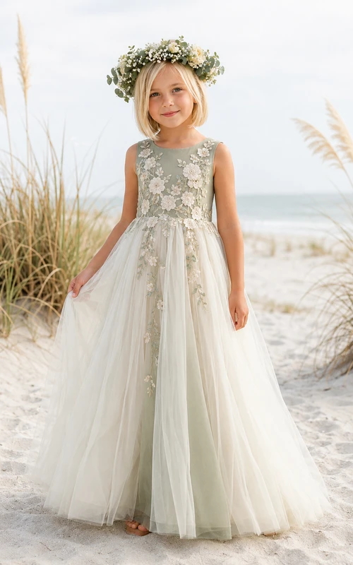 Flower Girl Dress Ivory Lace Tulle A-Line Scoop Neck Tea Length Bow Back