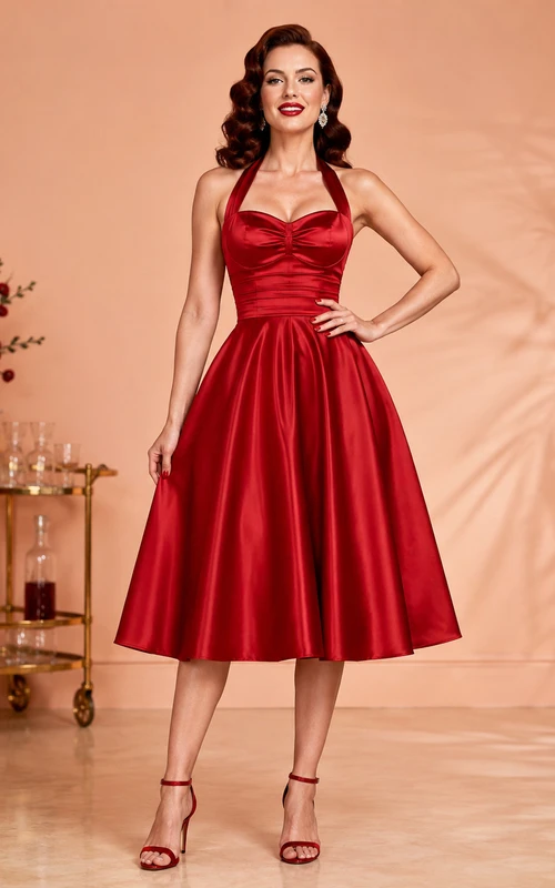 Vestido de cóctel vintage rojo escarlata con escote halter, espalda descubierta y fruncido, de satén, corte en A, largo hasta la rodilla.