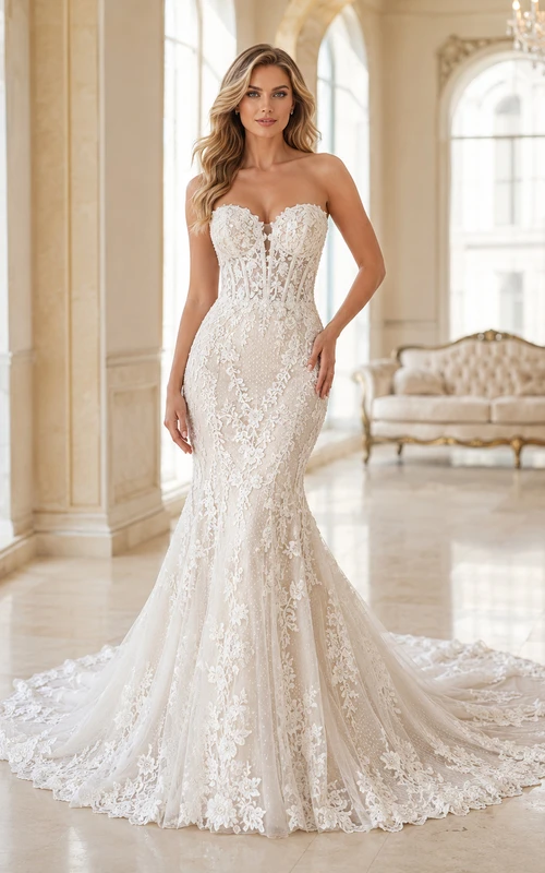Robe de mariée sirène bustier en tulle et dentelle florale, décolleté cœur et traîne chapelle