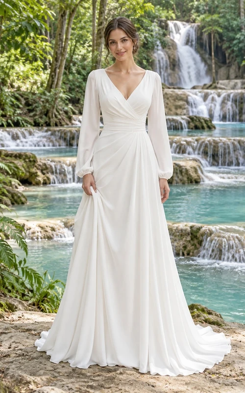 Schlichtes Brautkleid mit V-Ausschnitt, langen Ärmeln im Poetenstil, fließender A-Linie und Schleppe