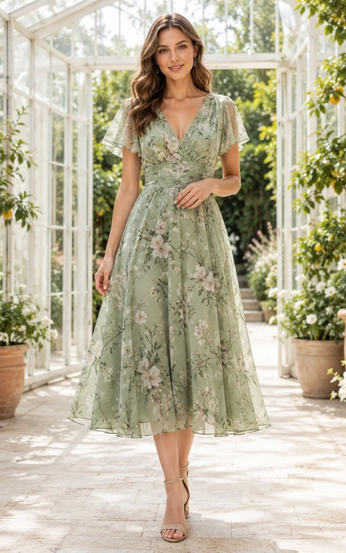 Sage Greenhouse Wedding Guest Dress A-Line Chiffon Lace V-Neck Short Sleeve Tea-Length Floral