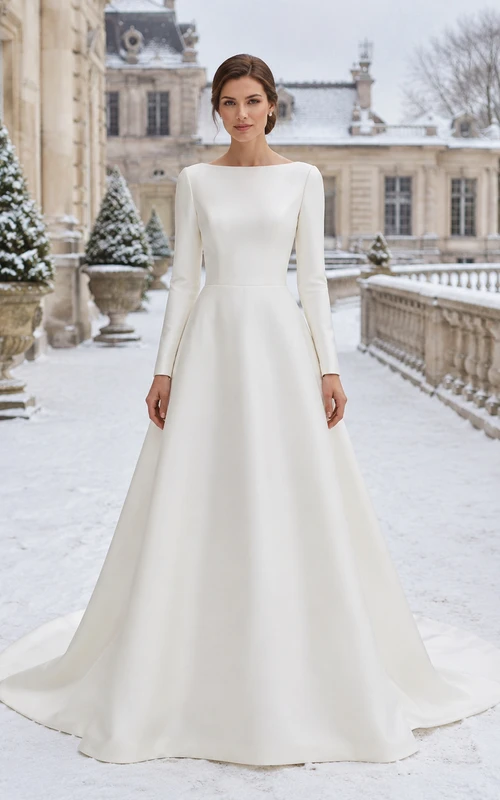 Robe de mariée minimaliste en satin, coupe trapèze, col bateau, manches longues et traîne.