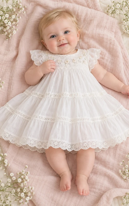 Ivory Floral Yoke Lace Cap Sleeve Tiered Baby Christening Dress