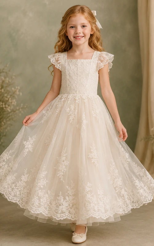 Flower Girl Dress Ivory Lace Tulle A-Line Jewel Neck Tea Length