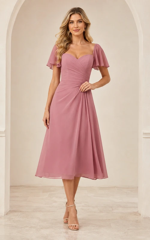 Dusty Rose Ruched Waist Flutter Sleeve Midi Dress