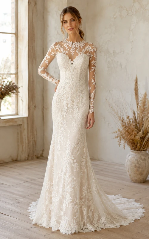 Robe de mariée sirène à col montant en dentelle illusion superposée, manches longues et traîne balayée, ornée d'appliqués floraux, idéale pour une salle de bal.