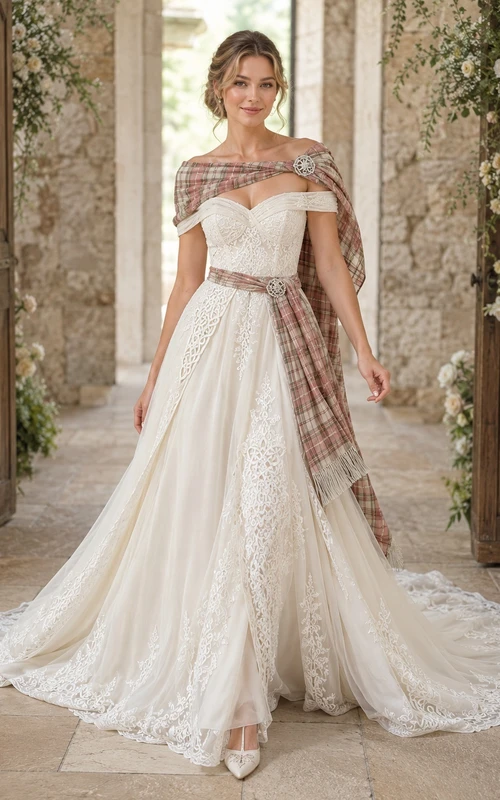 Traditionelles schottisches Highland-Tartan-Schal-Brautkleid mit schulterfreiem Spitzen-A-Linien-Schnitt