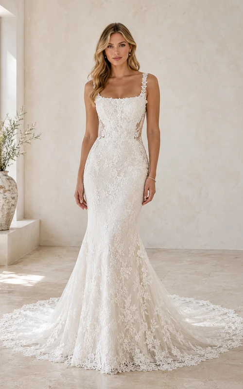 Robe de mariée sirène en dentelle et tulle, bretelles spaghetti et traîne chapelle