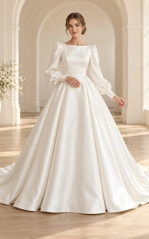 Modest Simple Bateau Balloon Sleeve Satin Pleated Ball Gown Wedding Dress