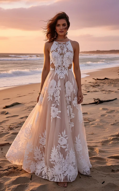 Vestido de novia playero con escote halter, encaje, aberturas, apliques florales y falda vaporosa.