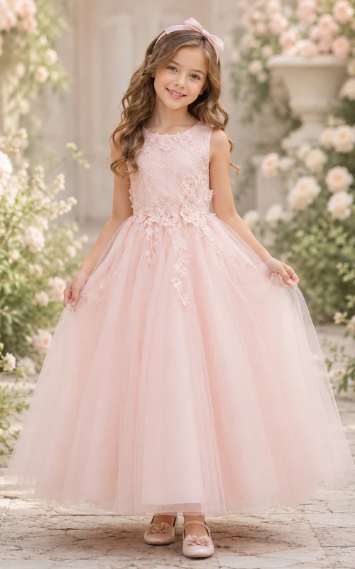 Robe de demoiselle d'honneur en dentelle rose poudré et tulle, coupe trapèze, col rond, longueur thé