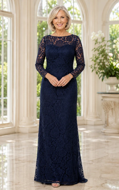 MOB Dress Dark Navy Lace Sheath Long Sleeve Bateau Neck Floor Length