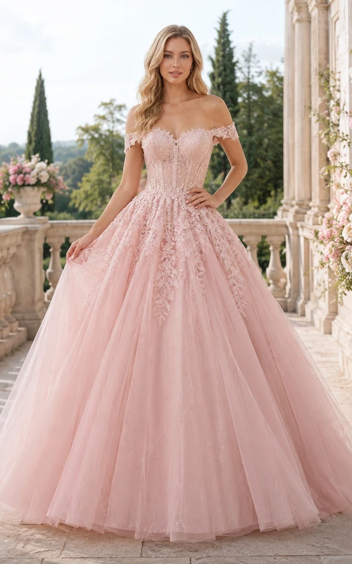 Vestido de fiesta de quinceañera romántico color rosa empolvado con escote Bardot, encaje y tul, cola larga.