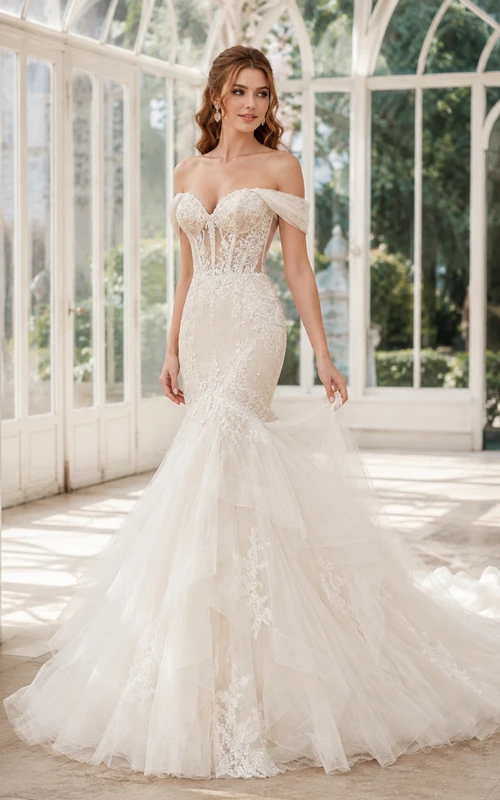 Robe de mariée élégante en dentelle et tulle, épaules dénudées, manches courtes, coupe sirène, traîne chapelle, applications florales et dos nu